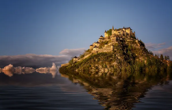 The sky, clouds, lake, surface, castle, mountain