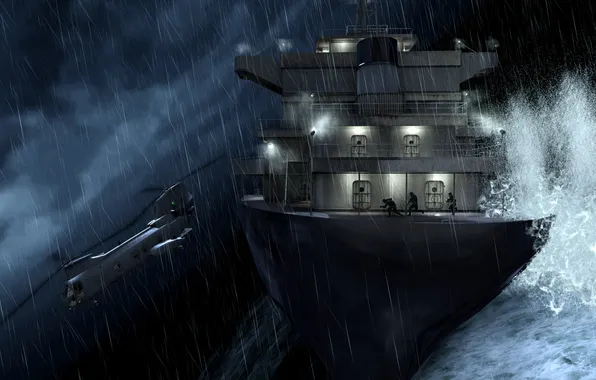 Wave, ship, helicopter, military, modern warfare