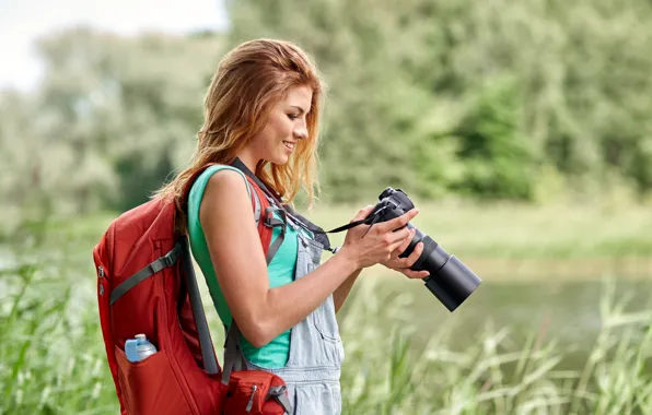 Girl, nature, pose, smile, portrait, Mike, hairstyle, the camera