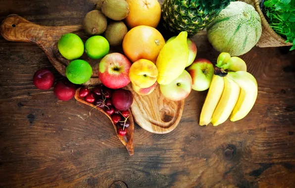 Photo, lemon, apples, orange, food, bananas, lime, fruit