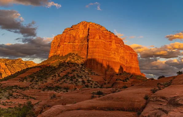 The sky, clouds, light, mountains, rocks, desert, the slopes, USA