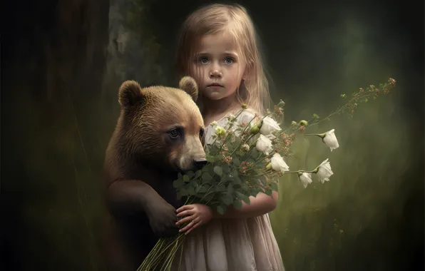 Look, flowers, tree, graphics, child, bouquet, bear, bear