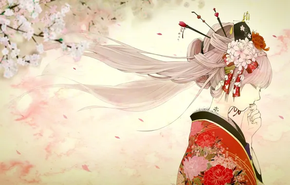 Girl, spring, Sakura, tattoo, art, profile, kimono, vocaloid