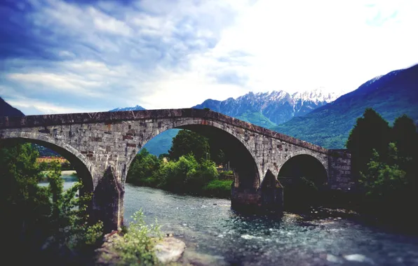 Picture the sky, clouds, trees, mountains, bridge, river