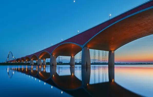 Bridge, lights, reflection, Netherlands, Holland, Nijmegen