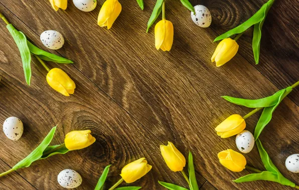 Flowers, holiday, Board, eggs, spring, yellow, Easter, tulips