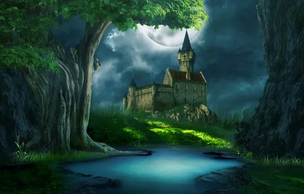 Grass, clouds, glade, river, castle. the moon