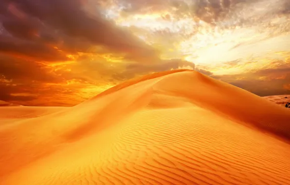 Sand, the sky, clouds, sunset, the dunes, hills, desert, treatment