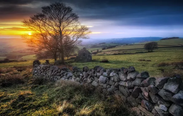 Picture dusk, Peak District, Roach End Sunset, drystone wall