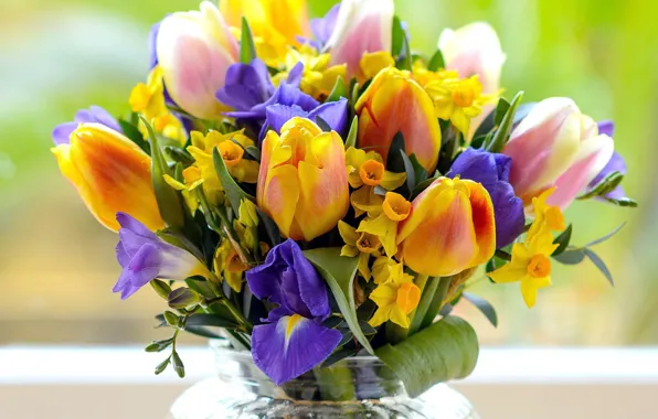 Picture bouquet, petals, tulips, daffodils, iris