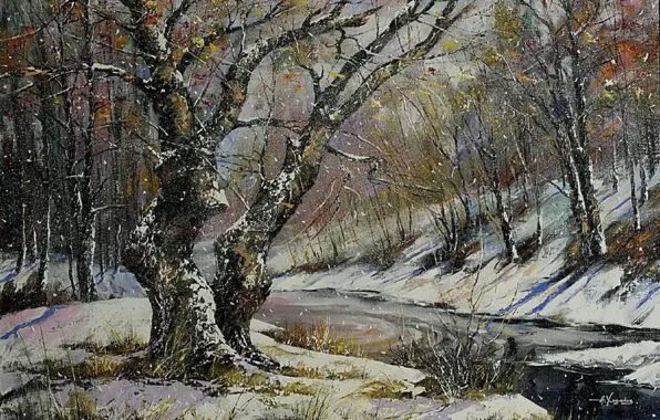 Winter, forest, river, overcast, picture, painting, snowfall, winter landscape