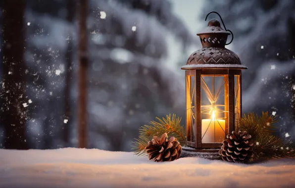 Winter, snow, night, Christmas, lantern, New year, Christmas, night