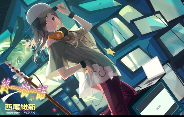 Headphones, girl, characters, bracelet, baseball cap, art, monitors, screens