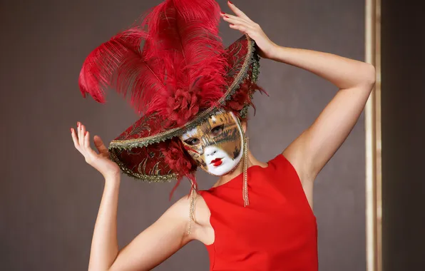 Girl, earrings, mask. look, hat. feathers