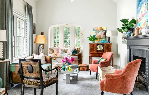 Design, style, lamp, room, interior, plants, pictures, fireplace