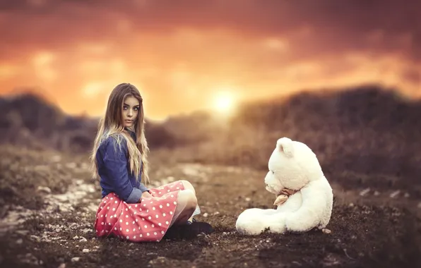 Girl, sunset, mood, toy, bear, bokeh, Teddy bear