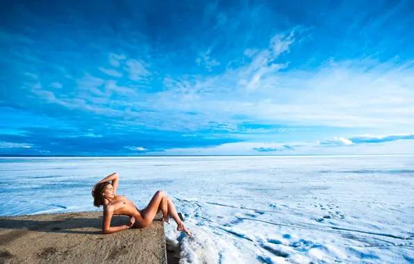 Ice, chest, the sky, girl, clouds, snow, landscape, smile