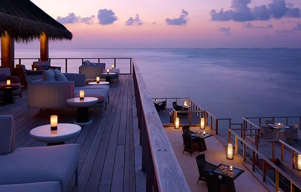 Ocean, evening, overlooking, resort, dinner, dusk on a tropical isl