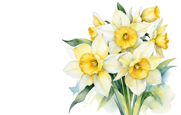 Flowers, bouquet, spring, white background, daffodils, imitation painting, AI art, neural network