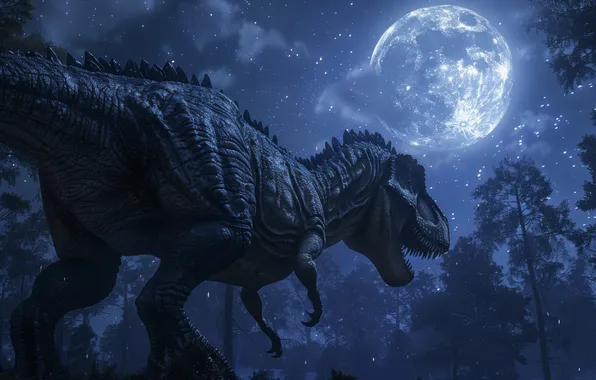 Night, Trees, The moon, Predator, Dinosaur, Animal, Digital art, Tyrannosaurus