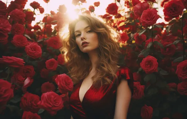 Chest, summer, look, girl, the sun, light, flowers, red