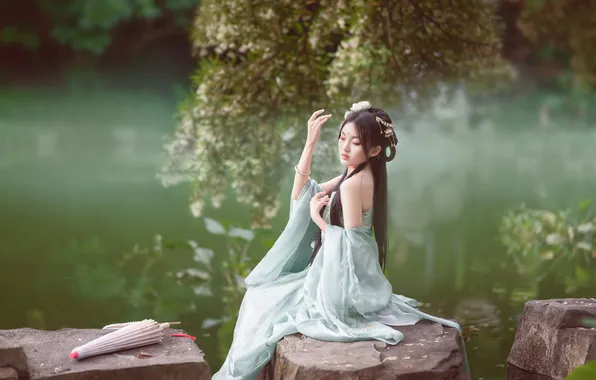 Girl, decoration, branches, nature, pose, lake, pond, style