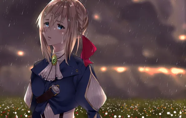 The sky, girl, flowers, rain, sad, Violet Evergarden