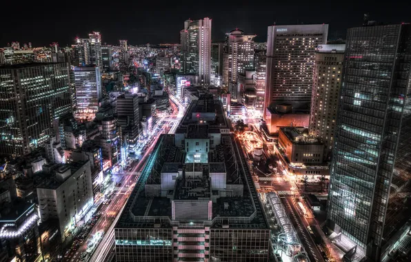 Road, lights, skyscrapers, neon, Japan, architecture, Osaka