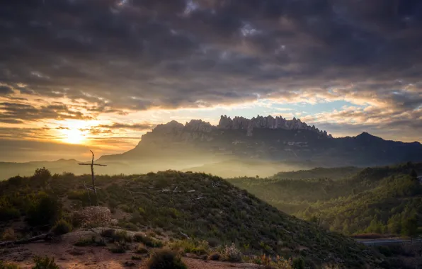 Sunset, mountains, fog