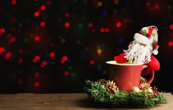 Winter, the dark background, table, holiday, toy, coffee, lights, Christmas