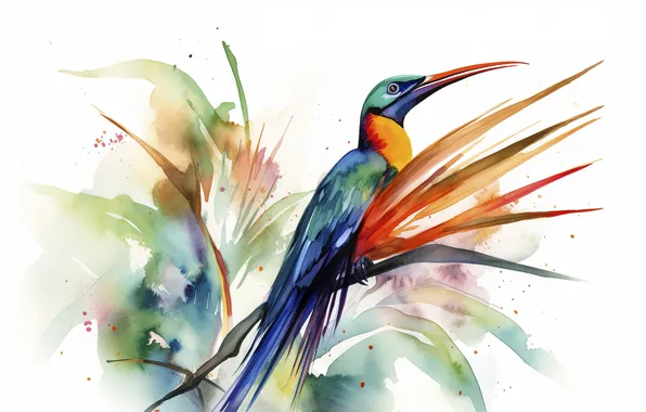 Leaves, tropics, bird, plant, branch, divorce, watercolor, painting
