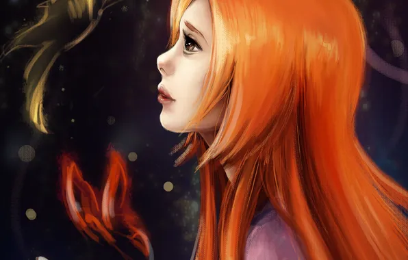 Girl, butterfly, art, profile, red