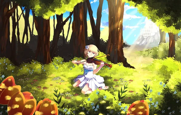 Picture girl, trees, the city, glade, violin, art, Sunny, musical instrument