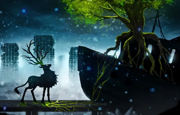 Picture snow, the city, tree, deer, romance of the Apocalypse, romantically apocalyptic