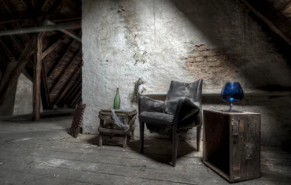 Glass, bottle, chair, attic