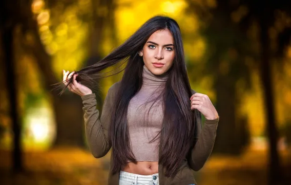 Picture autumn, eyes, look, girl, pose, Park, hands, belly