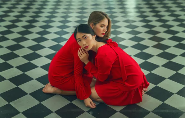 Picture look, pose, red dress, two girls, on the floor