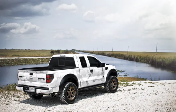 Picture white, the sky, clouds, Ford, white, river, Ford, Raptor