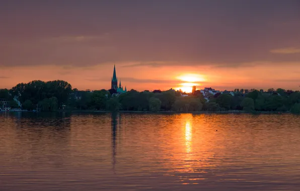 Trees, lake, the evening, Germany, Hamburg