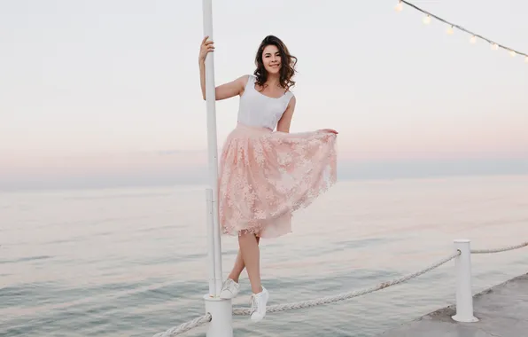 Girl, beautiful, t-shirt, skirt, sneakers