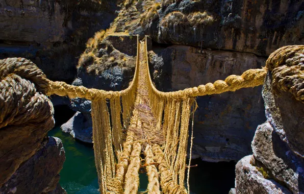 Mountains, river, rocks, canyon, gorge, Peru, rope bridge, Q'iswa Chaka