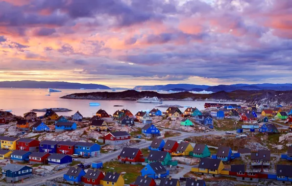 Picture clouds, sunset, mountains, pink, shore, houses, ice, ferry