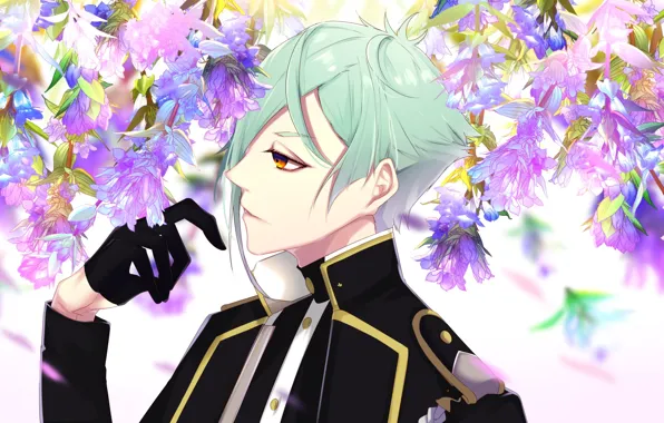 Flowers, gloves, guy, bangs, Touken Ranbu, Dance Of Swords, hizamaru