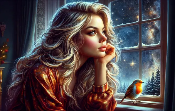 Winter, forest, girl, stars, light, dreams, night, room