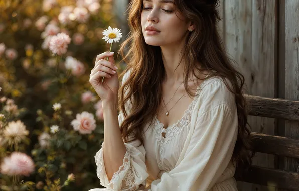 Girl, flowers, nature, pose, wall, roses, garden, Daisy