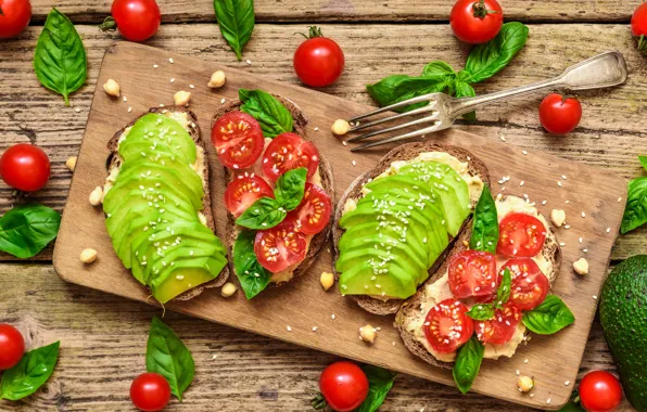 Food, bread, tomatoes, sauce, sesame, avocado, sandwiches, Basil