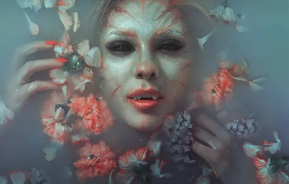 Picture flowers, vampire, makeup, water, face, model