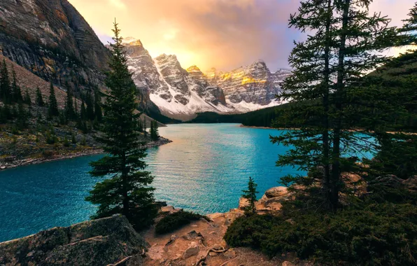 Trees, mountains, lake, ate, Canada, Albert, Banff National Park, Alberta