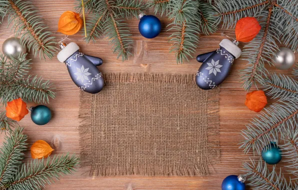 Balls, branches, Board, Christmas, New year, needles, burlap, physalis