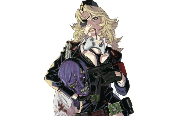 Gun, console, hostage, military uniform, undead, eye patch, cool, black suit